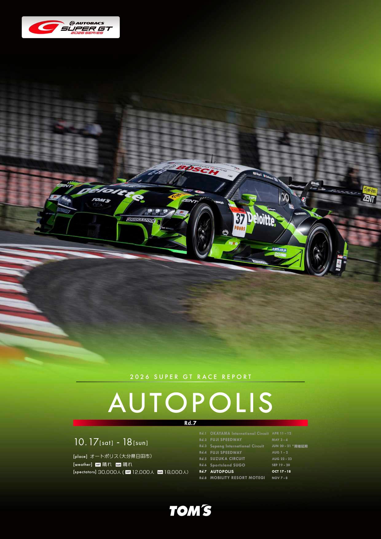 2026年 SUPER GT Rd.7(オートポリス)レースレポート公開(#36 / #37)のお知らせ